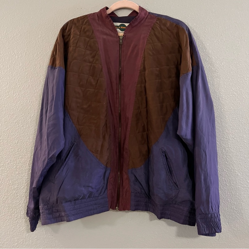 Vintage 90s OutBrook Silk Colorblock Purple Brown Maroon Quilted Bomber SzXL GVC